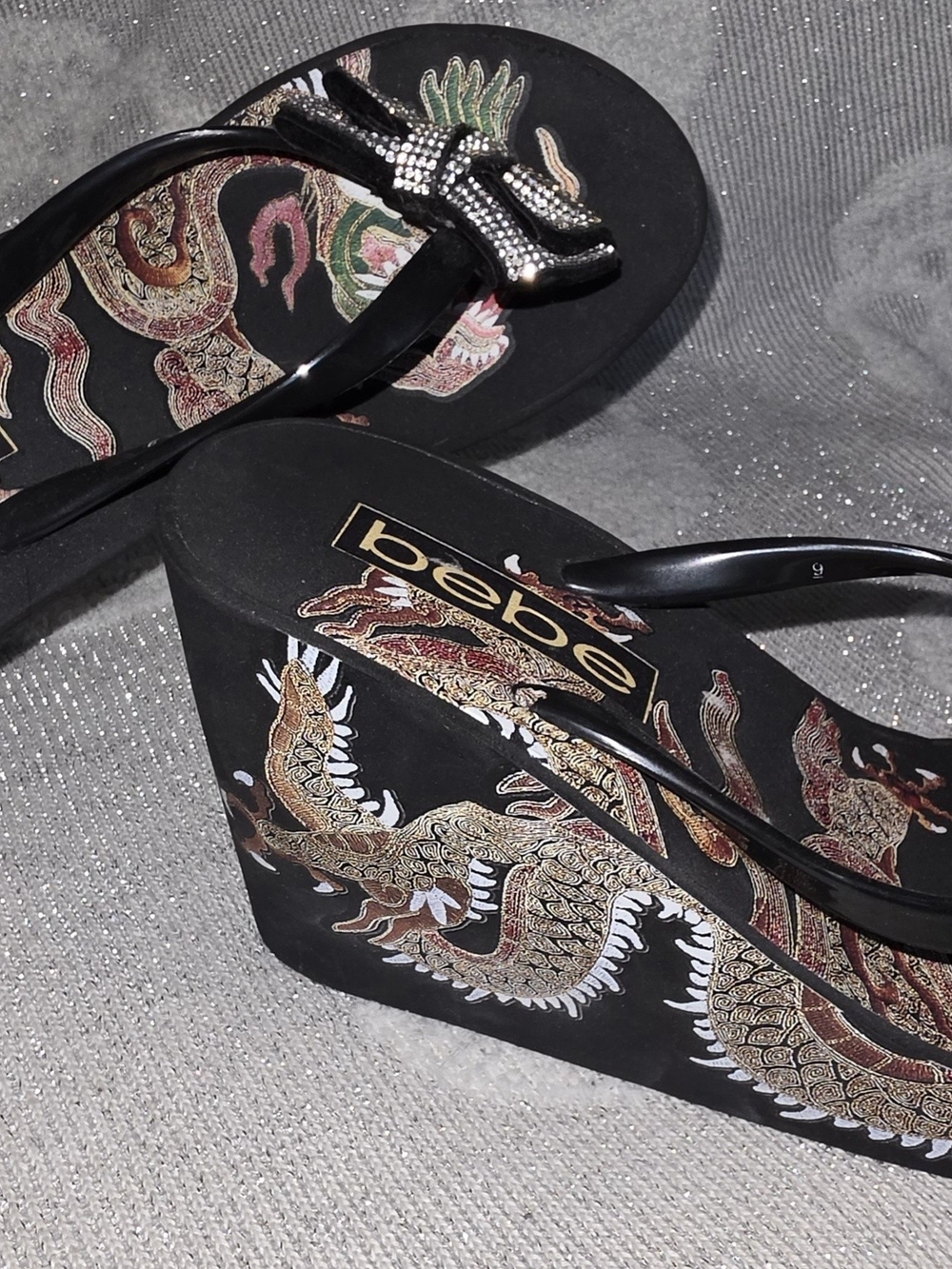 bebe Y2k Black Jeweled Dragon Wedge Flip Flops